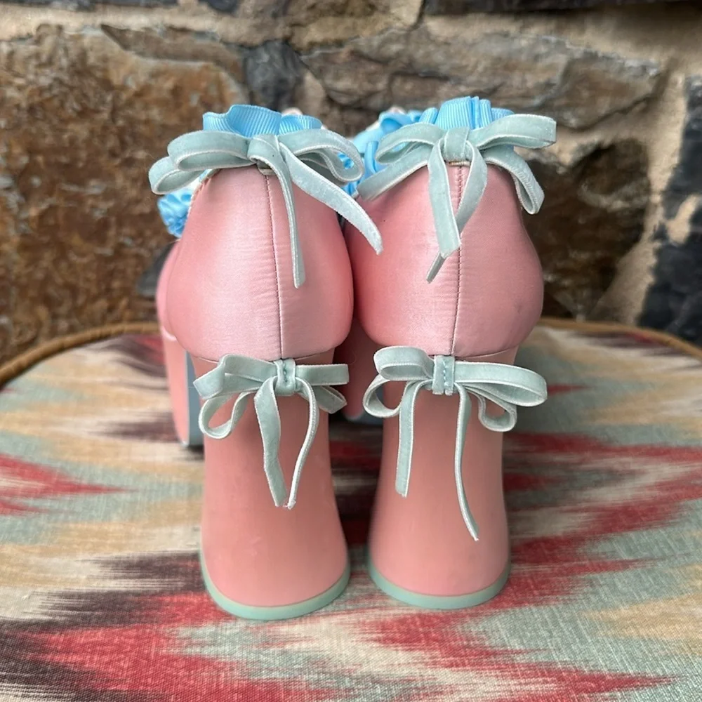 Sugar Thrillz Pastel Pink Platform Heels – Size 9M – Blue Ruffle Trim Velvet Bow